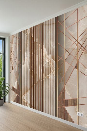Geometrik Çizgili Mermer Panel, Dikey Çıta ve Ahşap Desenli Tek Parça Tekstil Duvar Kağıdı küçük görsel 3