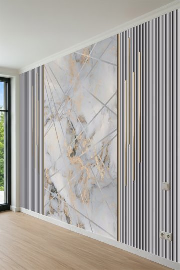 Geometrik Çizgili Modern Panel ve Mermer Desenli Tek Parça Tekstil Duvar Kağıdı
