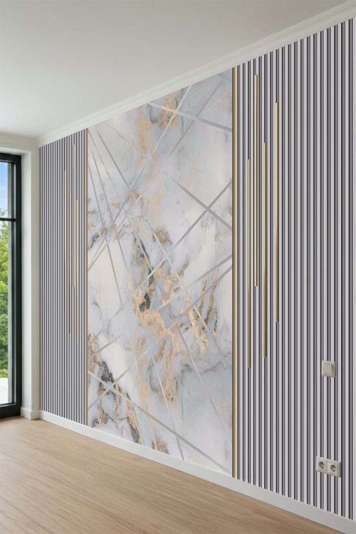  Geometrik Çizgili Modern Panel ve Mermer Desenli Tek Parça Tekstil Duvar Kağıdı