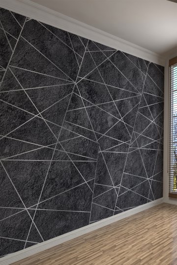 Geometrik Çizgili Siyah Beton Efektli Tekstil Duvar Kağıdı
