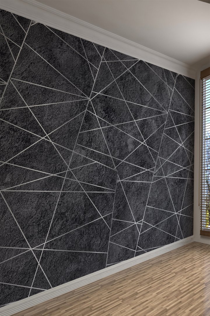 Geometrik Çizgili Siyah Beton Efektli Tekstil Duvar Kağıdı