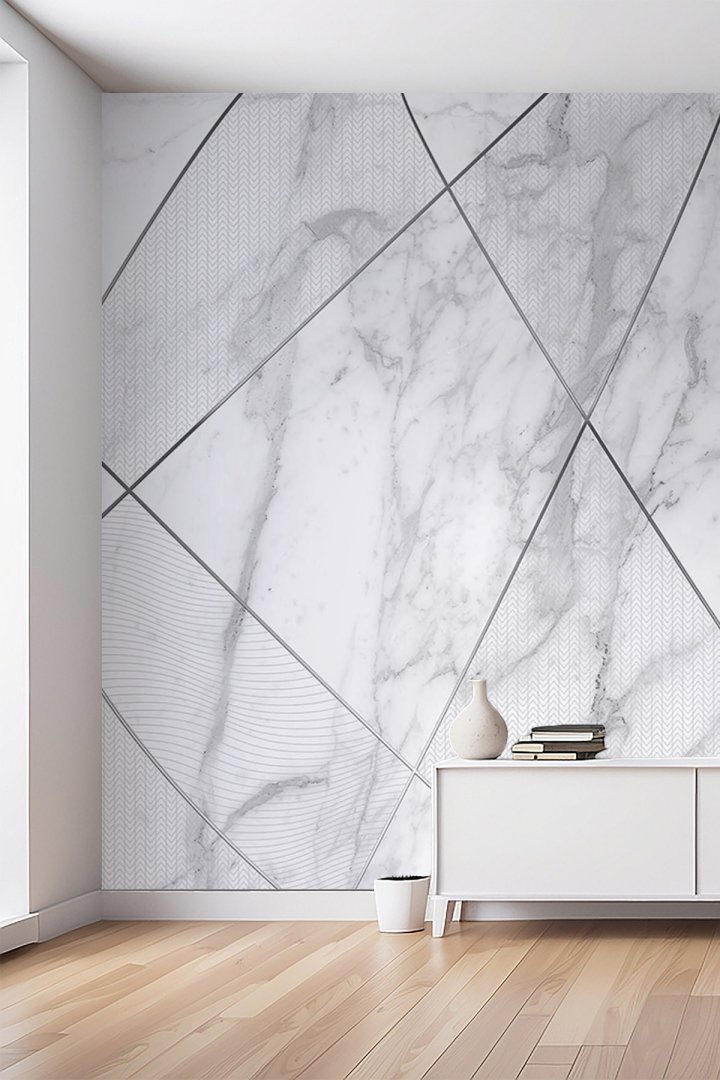 Geometrik Çizgili ve Mermer Modern Desenli Tek Parça Tekstil Duvar Kağıdı