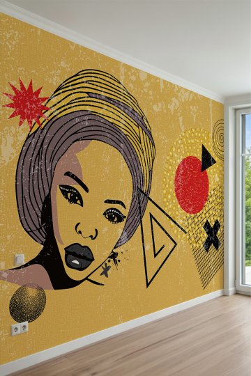 Geometrik Detaylı Pop-Art Kadın Portresi Tek Parça Tekstil Duvar Kağıdı küçük görsel 2
