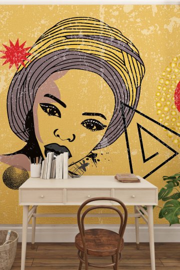 Geometrik Detaylı Pop-Art Kadın Portresi Tek Parça Tekstil Duvar Kağıdı