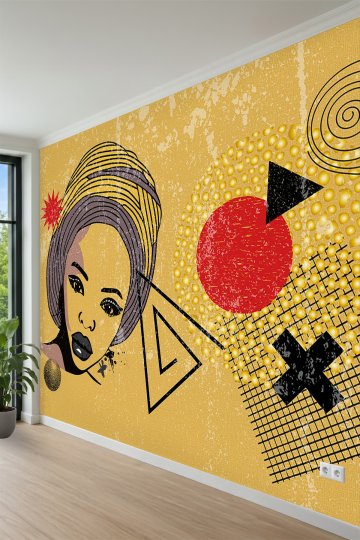 Geometrik Detaylı Pop-Art Kadın Portresi Tek Parça Tekstil Duvar Kağıdı küçük görsel 3