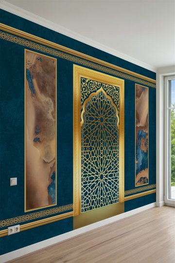 Geometrik Mihrap Motifli, Mermer Doku Görünümlü Tek Parça Tekstil Duvar Kağıdı küçük görsel 2