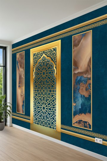 Geometrik Mihrap Motifli, Mermer Doku Görünümlü Tek Parça Tekstil Duvar Kağıdı küçük görsel 3