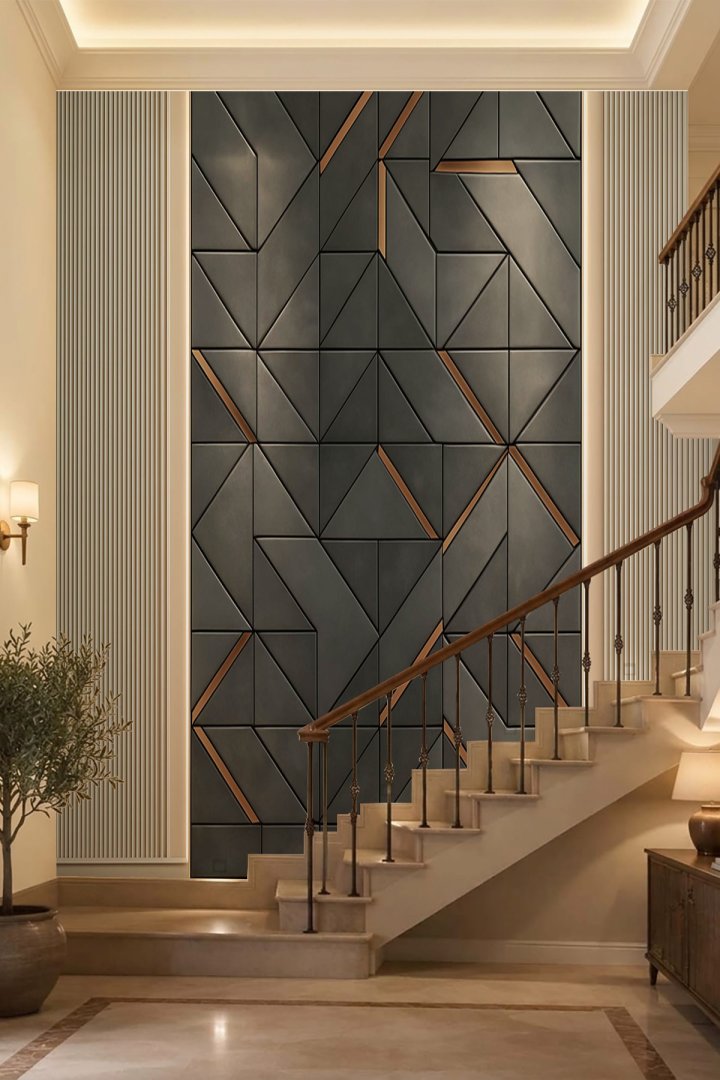 Geometrik Panel ve Bakır Detaylı Açık Ahşap Çıta Desenli Tek Parça Tekstil Duvar Kağıdı