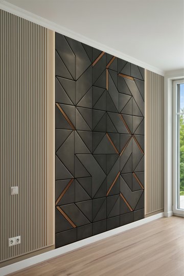 Geometrik Panel ve Bakır Detaylı Açık Ahşap Çıta Desenli Tek Parça Tekstil Duvar Kağıdı küçük görsel 2