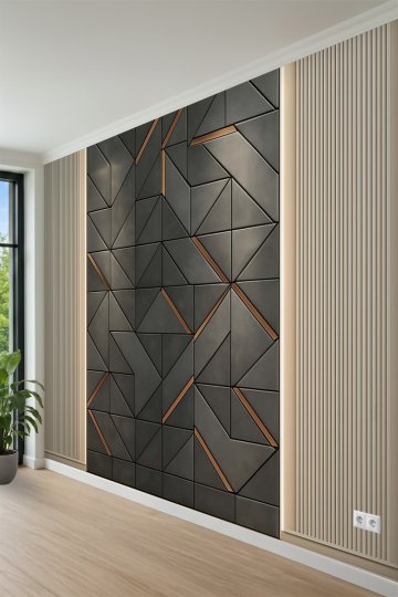 Geometrik Panel ve Bakır Detaylı Açık Ahşap Çıta Desenli Tek Parça Tekstil Duvar Kağıdı küçük görsel 5