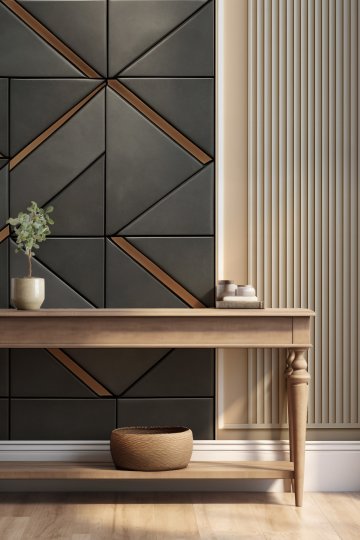 Geometrik Panel ve Bakır Detaylı Açık Ahşap Çıta Desenli Tek Parça Tekstil Duvar Kağıdı küçük görsel 7