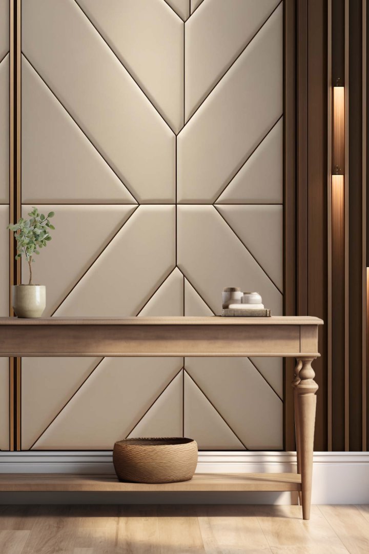 Geometrik Panelli ve Dikey Ahşap Çıtalı Işıklı Modern Tek Parça Tekstil Duvar Kağıdı