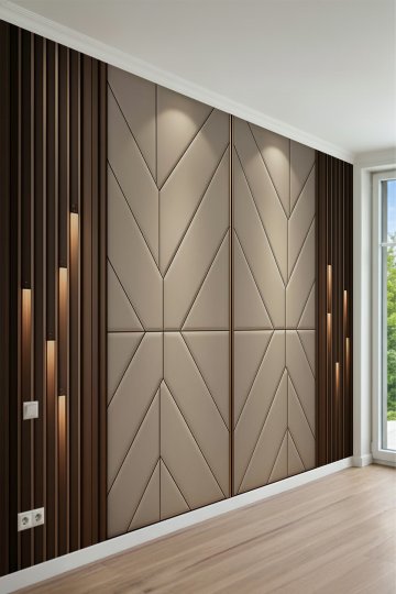 Geometrik Panelli ve Dikey Ahşap Çıtalı Işıklı Modern Tek Parça Tekstil Duvar Kağıdı küçük görsel 2