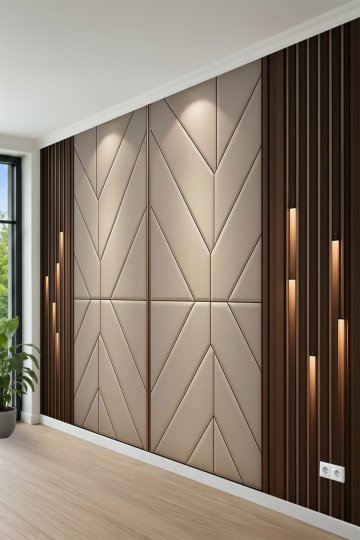 Geometrik Panelli ve Dikey Ahşap Çıtalı Işıklı Modern Tek Parça Tekstil Duvar Kağıdı küçük görsel 6