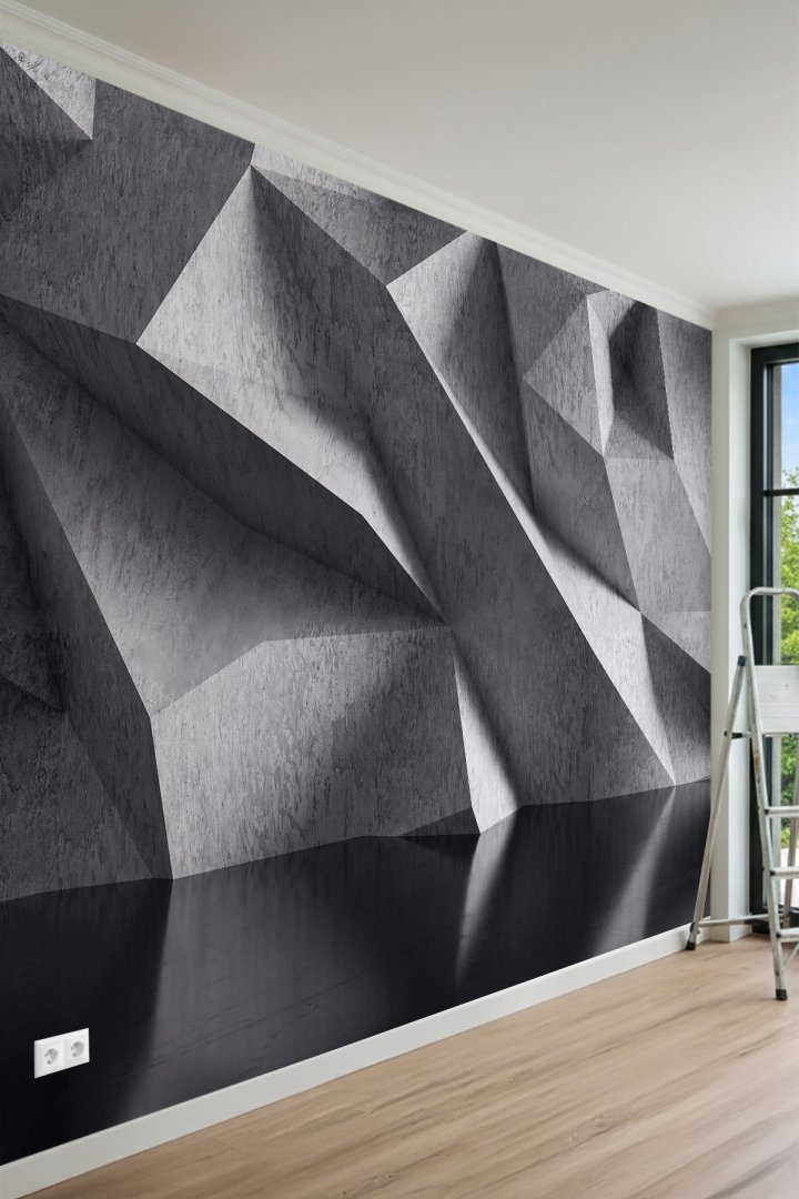Geometrik Prizma Detaylı ve Beton Desenli Tek Parça Tekstil Duvar Kağıdı 