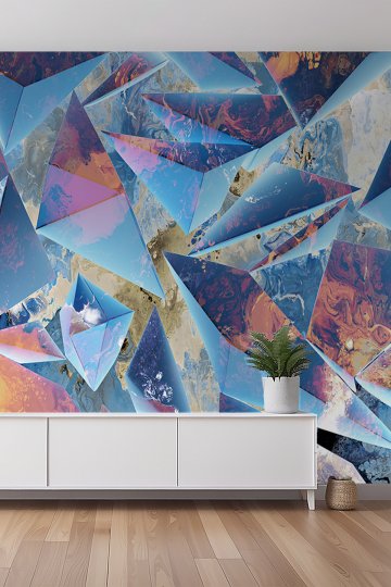 Geometrik Üçgen Paneller ve Ebru Doku Desenli Tek Parça Tekstil Duvar Kağıdı