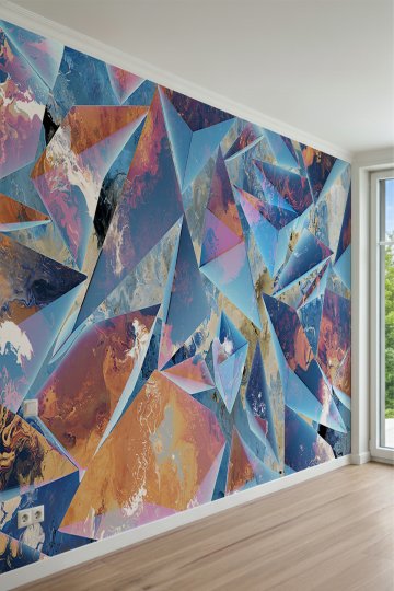 Geometrik Üçgen Paneller ve Ebru Doku Desenli Tek Parça Tekstil Duvar Kağıdı küçük görsel 2
