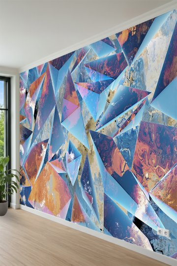 Geometrik Üçgen Paneller ve Ebru Doku Desenli Tek Parça Tekstil Duvar Kağıdı küçük görsel 3