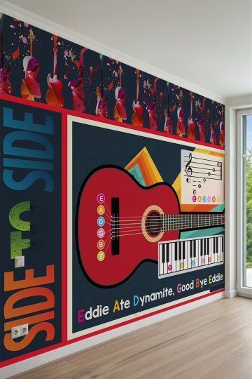 Gitar, Piyano Tuşları, Nota Şeması ve Eğitici Müzik Desenli Tek Parça Tekstil Duvar Kağıdı