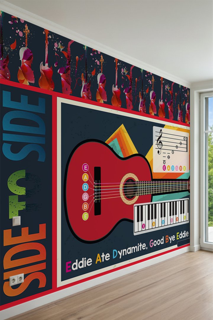 Gitar, Piyano Tuşları, Nota Şeması ve Eğitici Müzik Desenli Tek Parça Tekstil Duvar Kağıdı