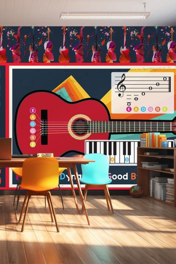 Gitar, Piyano Tuşları, Nota Şeması ve Eğitici Müzik Desenli Tek Parça Tekstil Duvar Kağıdı küçük görsel 2