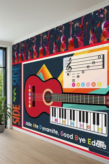Gitar, Piyano Tuşları, Nota Şeması ve Eğitici Müzik Desenli Tek Parça Tekstil Duvar Kağıdı küçük görsel 3