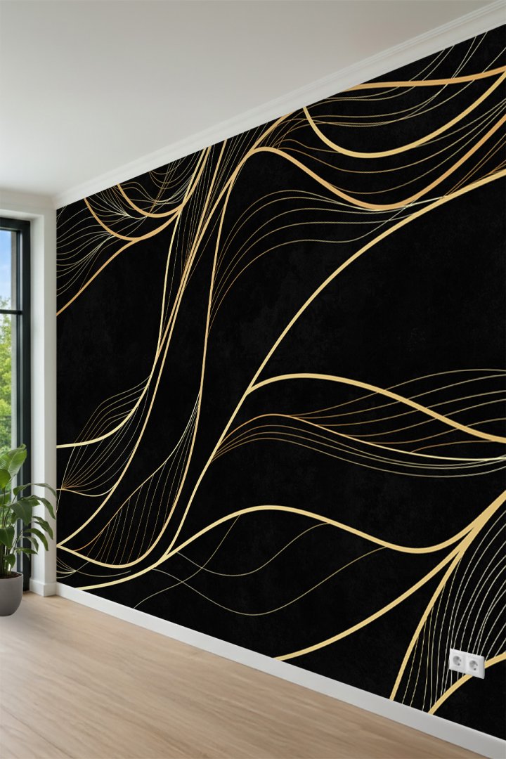 Gold Akış Çizgili Modern Dalga Desenli Tek Parça Tekstil Duvar Kağıdı 
