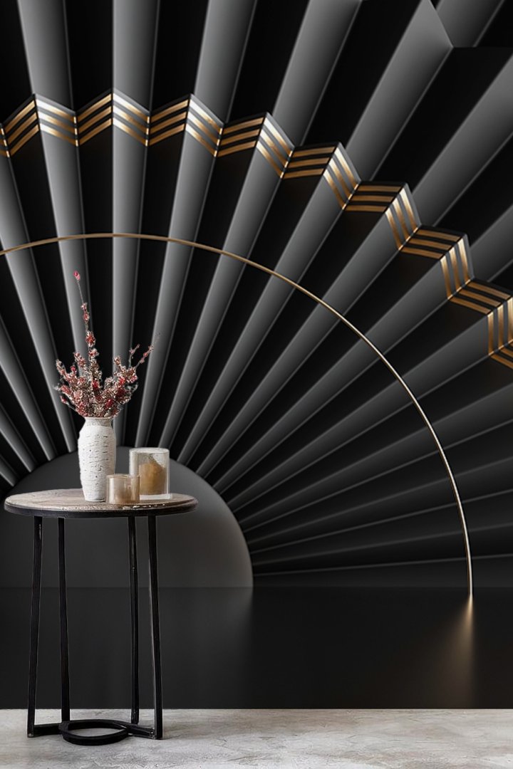 Gold Çizgili Geometrik Yelpaze ve Art Deco Temalı Tek Parça Tekstil Duvar Kağıdı