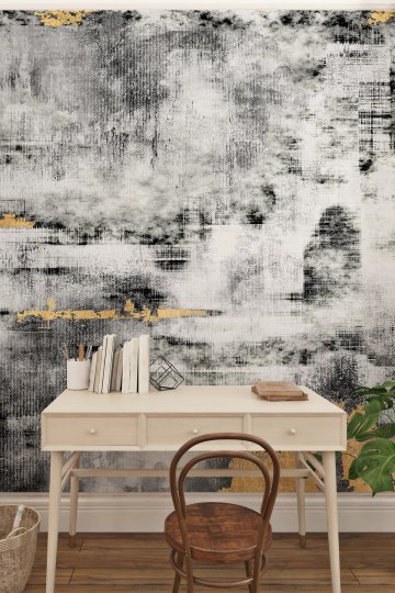 Gold Detaylı Eskitme Halı Dokulu, Soyut Patchwork Tasarımlı Tek Parça Tekstil Duvar Kağıdı küçük görsel 2