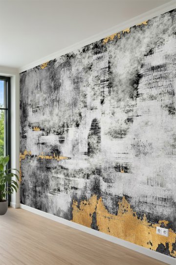 Gold Detaylı Eskitme Halı Dokulu, Soyut Patchwork Tasarımlı Tek Parça Tekstil Duvar Kağıdı küçük görsel 3