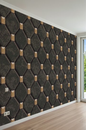 Gold Detaylı Geometrik Kapitone ve Elmas Desenli Tek Parça Tekstil Duvar Kağıdı