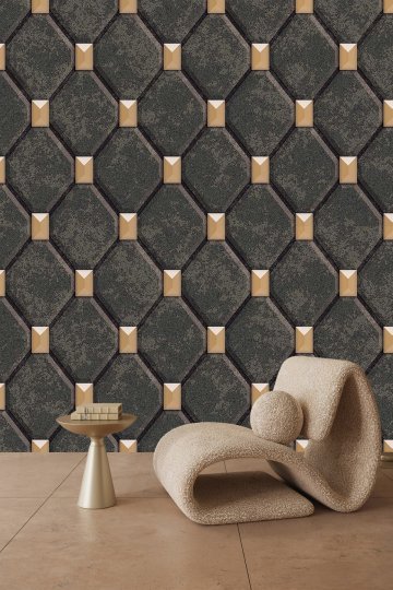 Gold Detaylı Geometrik Kapitone ve Elmas Desenli Tek Parça Tekstil Duvar Kağıdı küçük görsel 2