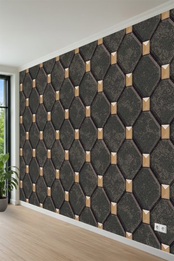 Gold Detaylı Geometrik Kapitone ve Elmas Desenli Tek Parça Tekstil Duvar Kağıdı küçük görsel 3