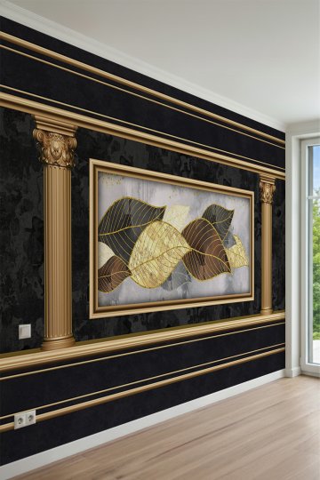 Gold Yaprak Motifli Tablolu ve Sütunlu Neoklasik Tek Parça Tekstil Duvar Kağıdı küçük görsel 2