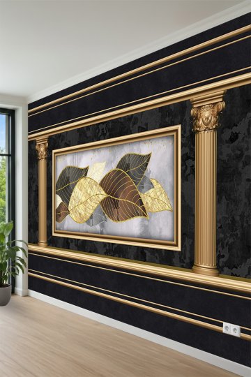Gold Yaprak Motifli Tablolu ve Sütunlu Neoklasik Tek Parça Tekstil Duvar Kağıdı küçük görsel 3