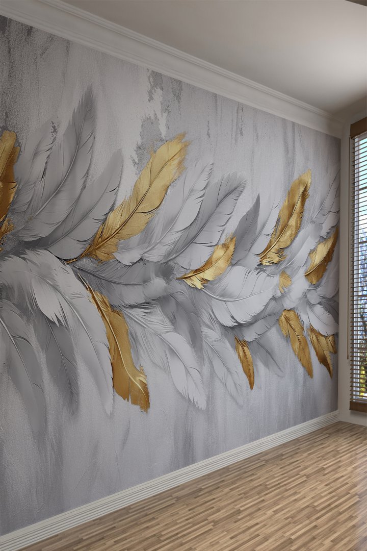 Golden Feather Serenity – Altın Tüy Zarafeti Tekstil Duvar Kağıdı