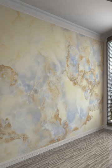 Golden Marble Elegance Pastel Sarı Mavi Tek Parça Duvar Kağıdı