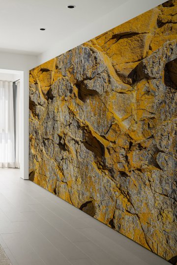 Golden Stone Gri Sarı Kırık Doğal Kaya Efektli Tek Parça Tekstil Duvar Kağıdı