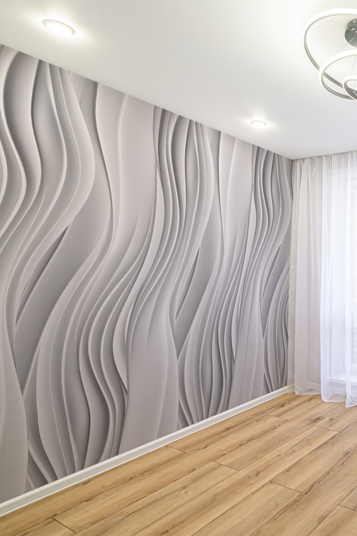 Gri 3D Dalga Desenli Tek Parça Tekstil Duvar Kağıdı