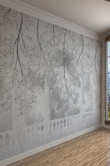 Gri Çiçek Dalları ve Balkon Desenli Tekstil Duvar Kağıdı