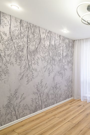 Gri Mermer Desenli İnce Dal ve Yaprak Motifli Tekstil Duvar Kağıdı