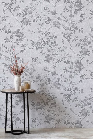 Gri Monokrom Botanik Çiçek Desenli Tek Parça Tekstil Duvar Kağıdı
