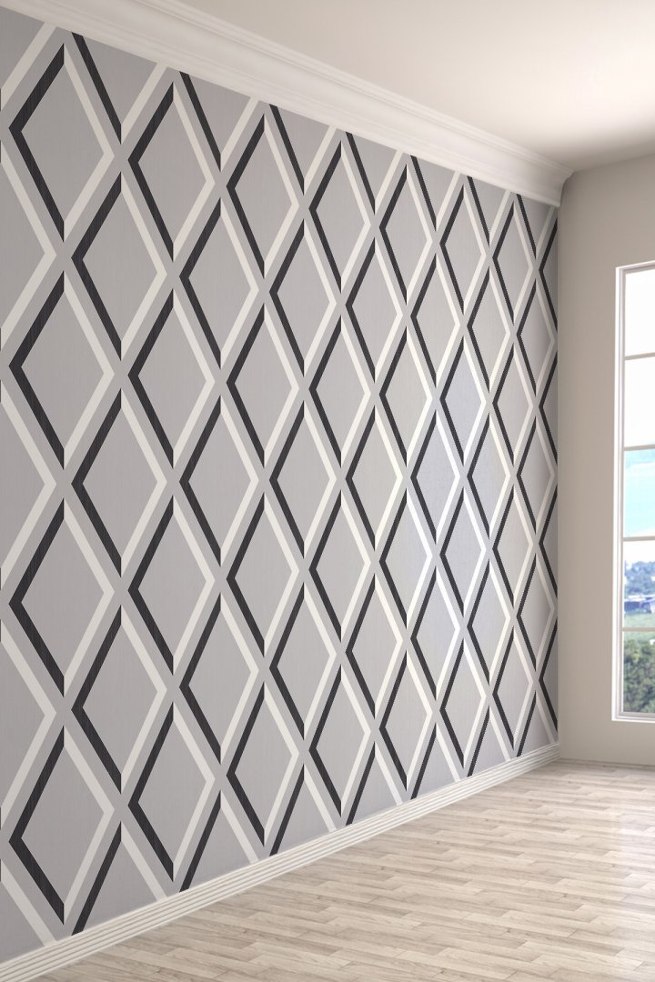 Gri Siyah Geometrik Baklava Desenli Tek Parça Duvar Kağıdı