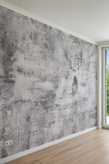 Gri Tonlarında Eskitme Halı Dokulu, Soyut Patchwork Tasarımlı Tek Parça Tekstil Duvar Kağıdı