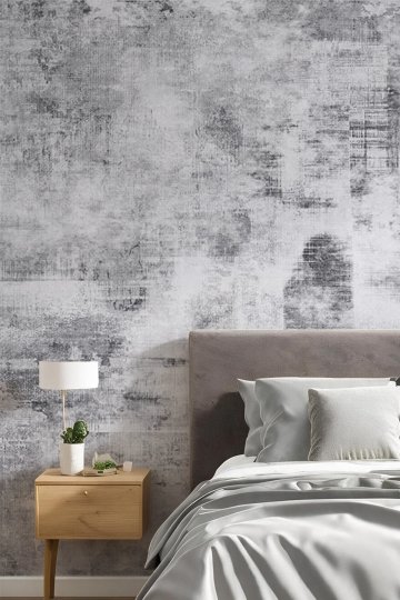 Gri Tonlarında Eskitme Halı Dokulu, Soyut Patchwork Tasarımlı Tek Parça Tekstil Duvar Kağıdı küçük görsel 2