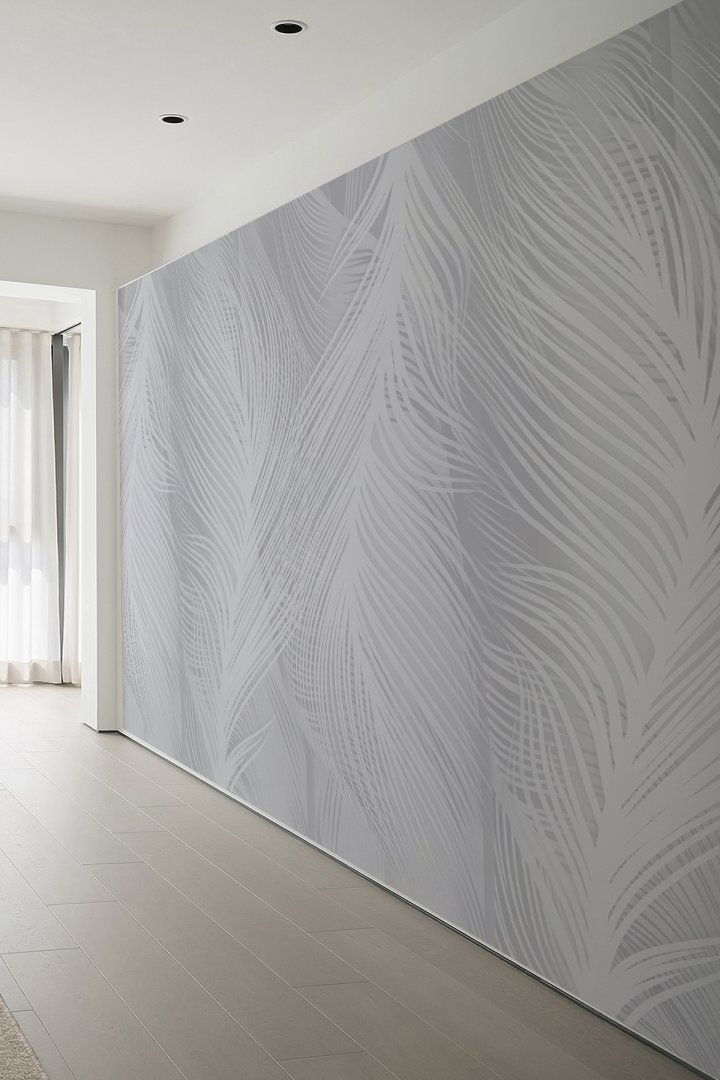 Gri Tropik Yaprak Desenli Modern Tek Parça Duvar Kağıdı