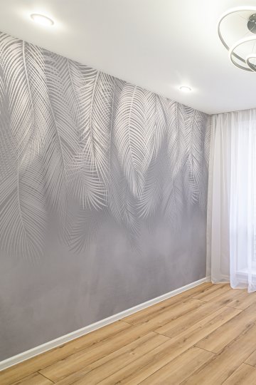Gri Tropik Yaprak Desenli Modern Tek Parça Duvar Kağıdı
