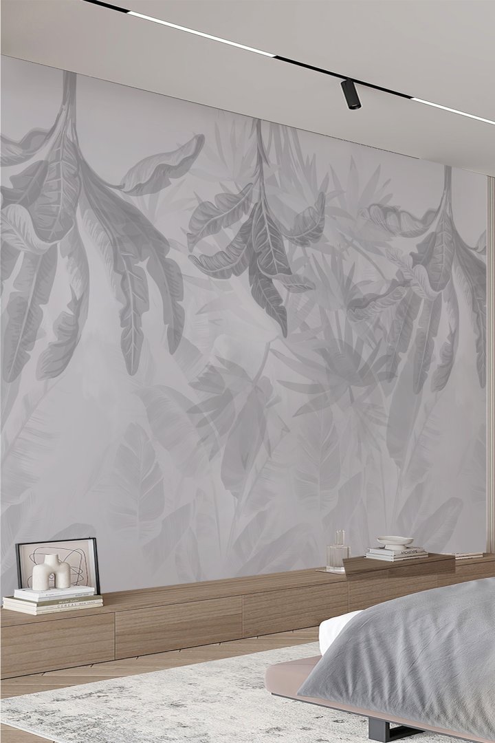 Gri Yaprak Desenli Tekstil Duvar Kağıdı