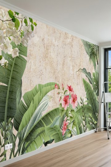  Hibiskus Çiçekli Tropikal Bahçe Tek Parça Tekstil Duvar Kağıdı