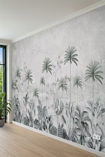  İllüstratif Tropikal Bahçe Desenli Tek Parça Tekstil Duvar Kağıdı